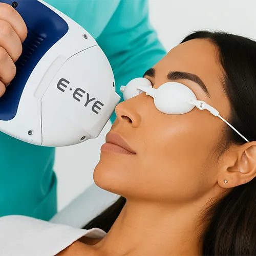Mulher realizando tratamento para olho seco com aparelho E-Eye, usando óculos de proteção durante aplicação de luz pulsada.