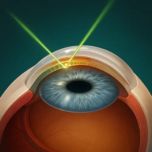 Ilustração de um olho humano em corte ampliado, mostrando feixes de laser verde direcionados para a região do trabeculado. A imagem representa o procedimento de fototrabeculoplastia, técnica utilizada no tratamento do glaucoma para melhorar a drenagem do humor aquoso e reduzir a pressão intraocular.