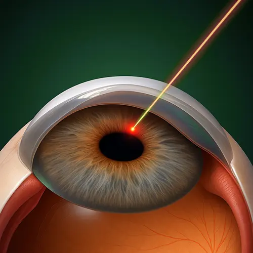 epresentação da iridotomia com YAG laser, mostrando o feixe verde criando pequena abertura na íris para melhorar o fluxo do humor aquoso.