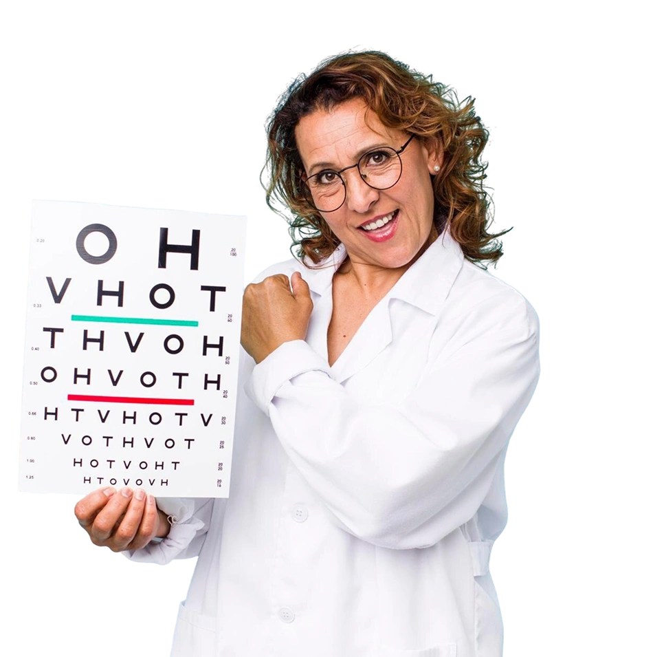 Médica mostrando exame ocular, teste para diversas especialidades e doenças oculares na Vision One