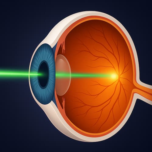 lustração do procedimento de fotocoagulação a laser, com feixe verde atingindo a retina para tratar lesões e preservar a visão.