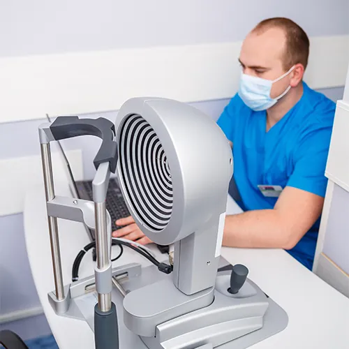 Imagem de um exame oftalmológico (exame ocular) de Pentacam – avaliação detalhada da superfície e espessura corneana, realizado nos hospitais de olhos da Rede Vision One.