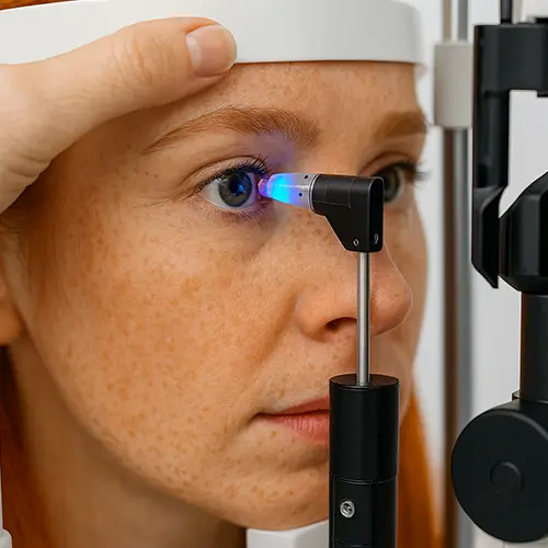 Imagem de um exame oftalmológico (exame ocular) de Tonometria – tecnologia aplicada para medir a pressão dos olhos, realizado nos hospitais de olhos da Rede Vision One.