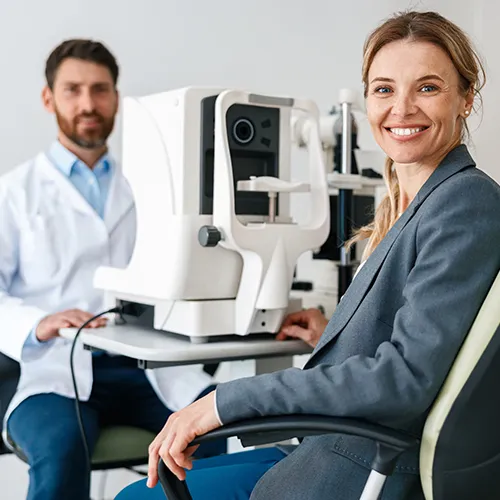 Imagem de um exame oftalmológico (exame ocular) de Refração ocular – avaliação indispensável para correção visual, realizado nos hospitais de olhos da Rede Vision One.