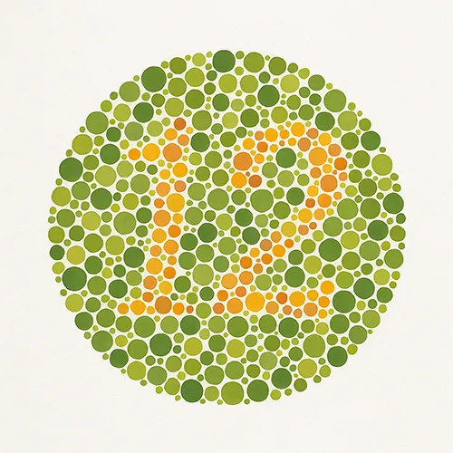 Imagem de um exame oftalmológico (exame ocular) de Teste de Ishihara – avaliação prática da percepção de cores, realizado nos hospitais de olhos da Rede Vision One.