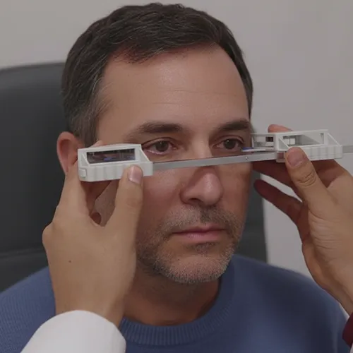 Imagem de um exame oftalmológico (exame ocular) de Olhos saltados – exame de exoftalmometria para medir o deslocamento ocular, realizado nos hospitais de olhos da Rede Vision One.