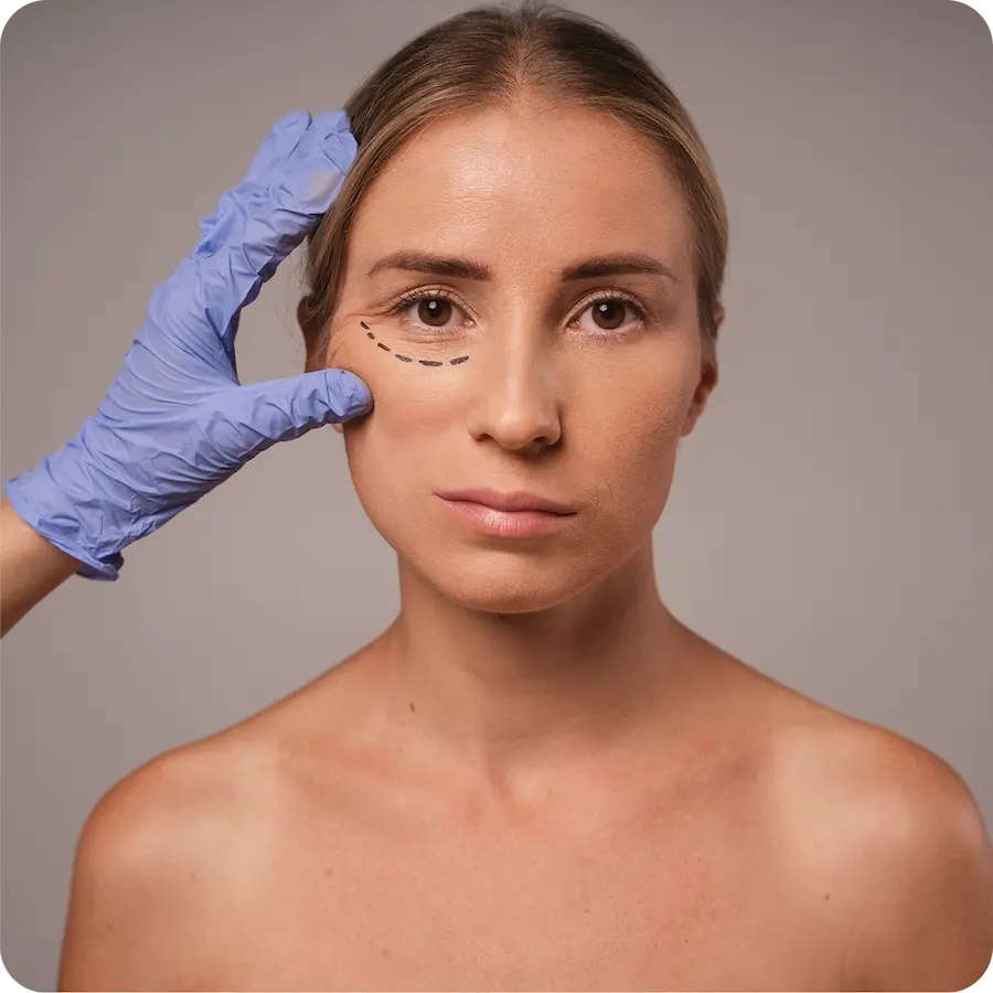 mulher jovem com linhas nos olhos, consulta para cirurgia plástica ocular na Elleve Plástica