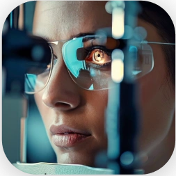 Mulher paciente em exame oftalmológico, utilizando óculos de proteção durante avaliação com equipamento de alta precisão; reflexos de luz visível na lente. Tecnologia oftalmológica.