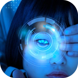 Adolescente com uma das mãos cobrindo parcialmente o rosto, enquanto um gráfico digital circular simula escaneamento ocular futurista sobre o olho visível. Tecnologia oftalmológica.